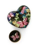 Royal Memorials Butterfly Garden heart keepsake urn showing secure threaded bottom lid
