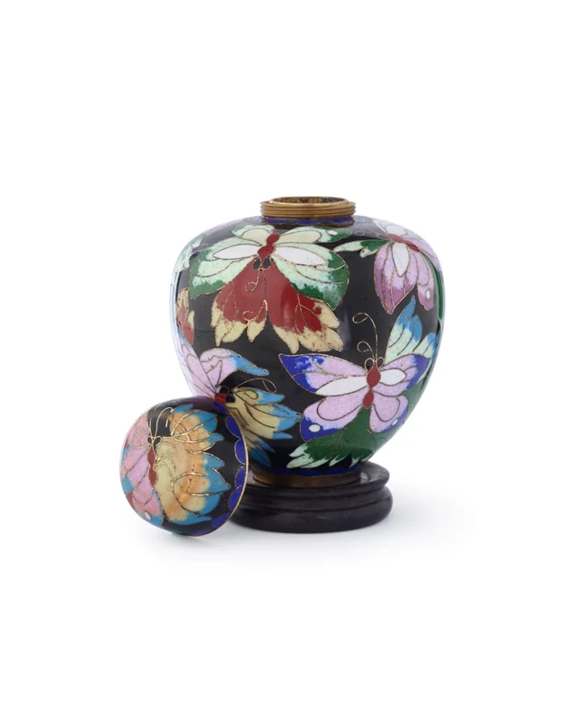 Royal Memorials Butterfly Garden cloisonne keepsake urn with threaded lid removed