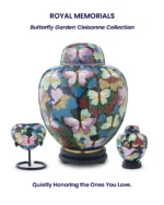 Royal Memorials Butterfly Garden Cloisonne Collection featuring an adult cremation urn, a matching keepsake urn, and a heart-shaped keepsake tribute