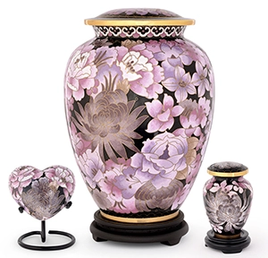 An elegant cloisonné cremation urn set with a pink floral on black design, serving as a beautiful example for the Cremation Urns collection at Royal Memorials