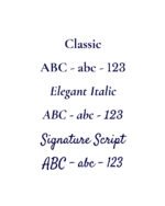 Royal Memorials engraving font options for memorial personalization, featuring Classic Print, Elegant Italic, and Handwriting Script styles.