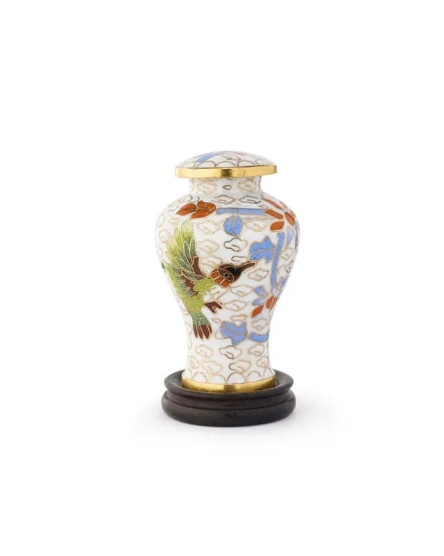 Royal Memorials Hummingbird Blossom Cloisonne Keepsake Urn featuring vibrant floral and bird enamel