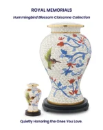Royal Memorials Hummingbird Blossom Cloisonne Collection featuring an adult cremation urn and a matching keepsake urn set