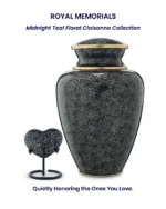 Royal Memorials Midnight Teal Floral Cloisonne cremation urn set for ashes with matching keepsake heart