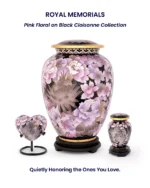 Royal Memorials Pink Floral on Black Cloisonne cremation urn set, hand-crafted adult urn and keepsake for ashes