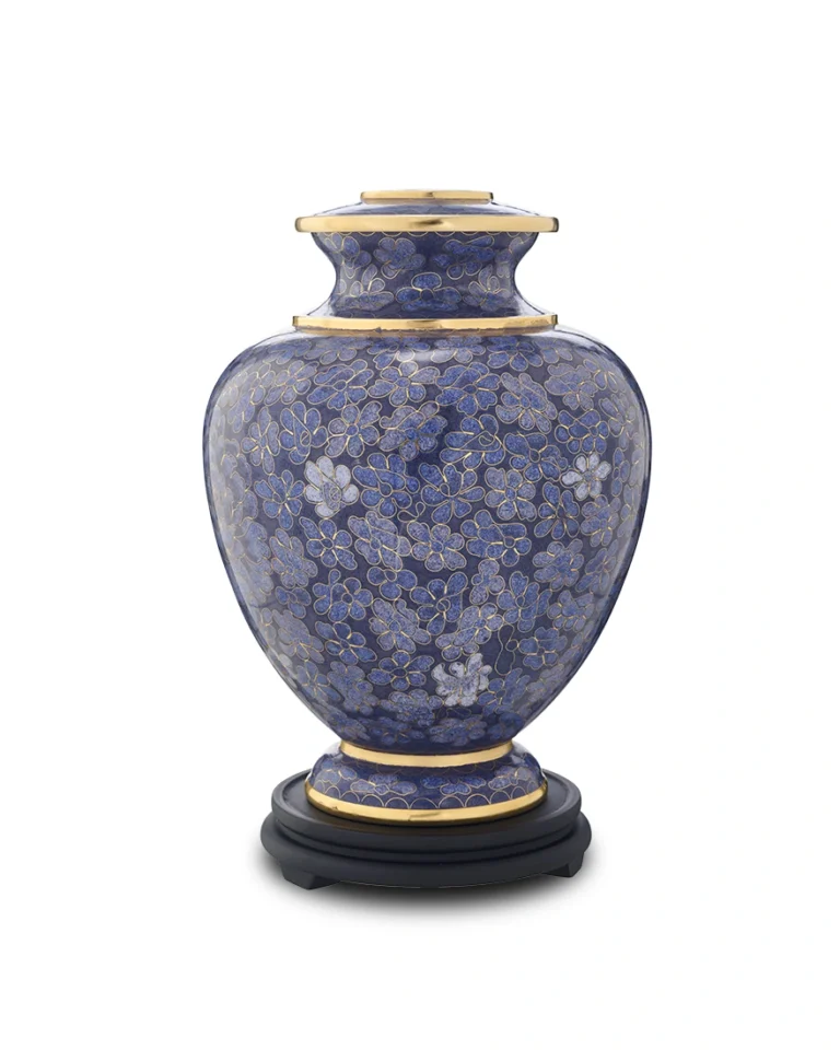 Royal Blue Floral Cloisonne Cremation Urn with indigo enamel