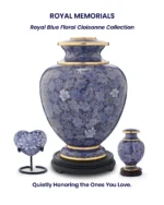 Royal Blue Floral Cloisonne collection featuring a full-size adult urn, heart-shaped keepsake, and small keepsake urn.