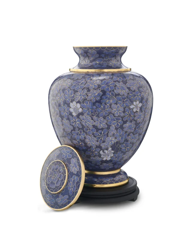 Royal Blue Floral Cloisonne Urn with decorative lid removed