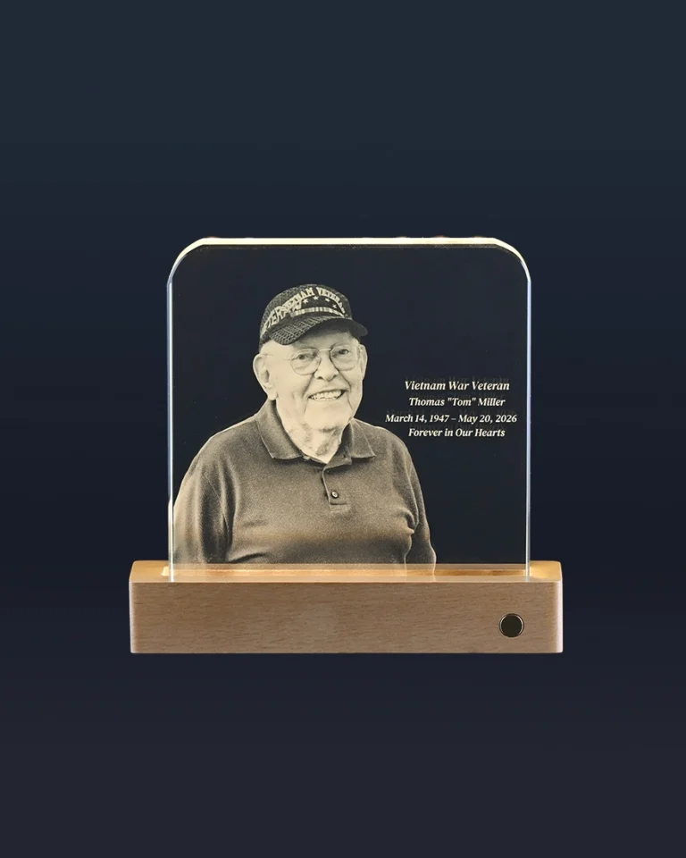 Front view of 5.9-inch square memorial glass light with custom laser engraving