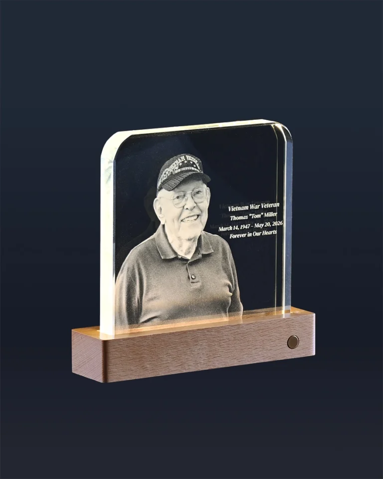 Side profile of square memorial glass light showing solid wood LED base