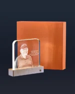 Square memorial keepsake light displayed with premium orange gift box
