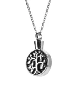 Front view of round tree of life cremation necklace with oxidized black contrast detailing