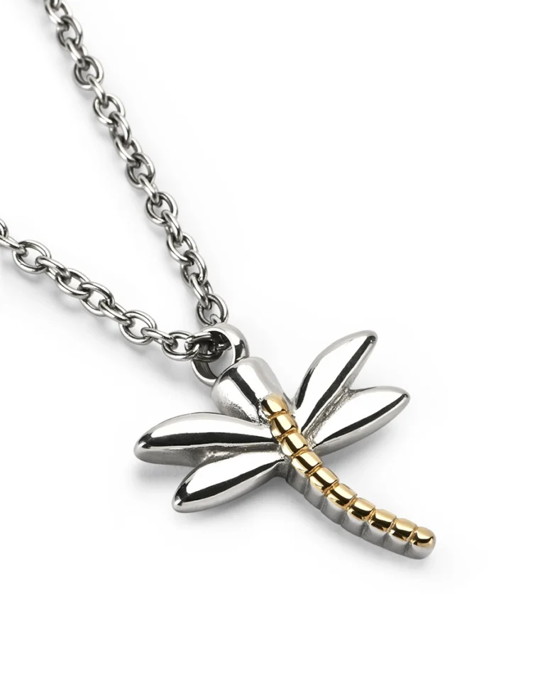 Two-tone silver and gold dragonfly cremation necklace pendant with matching chain by Royal Memorials