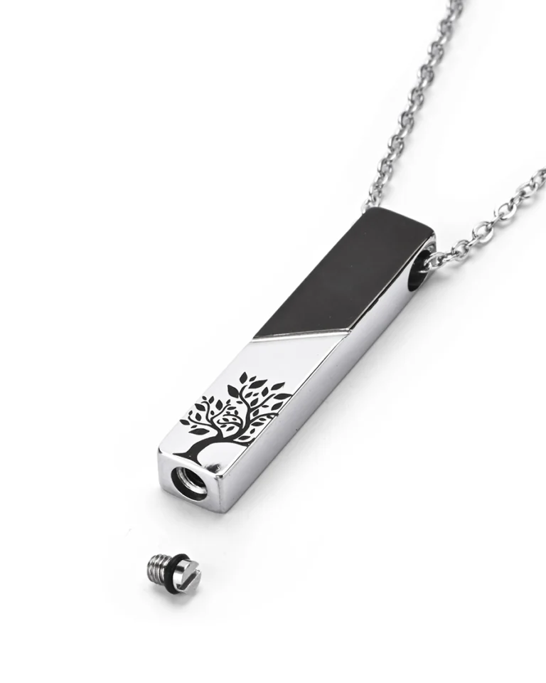 Threaded bottom screw opening and rubber gasket on Two-Tone Tree of Life Bar Cremation Necklace for Ashes