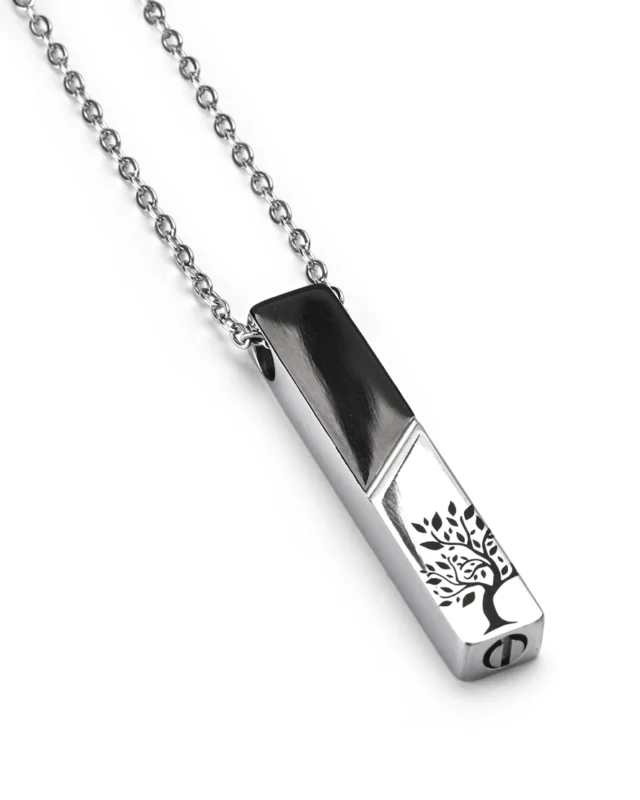 Angled view of Two-Tone Tree of Life Bar Cremation Necklace for Ashes by Royal Memorials