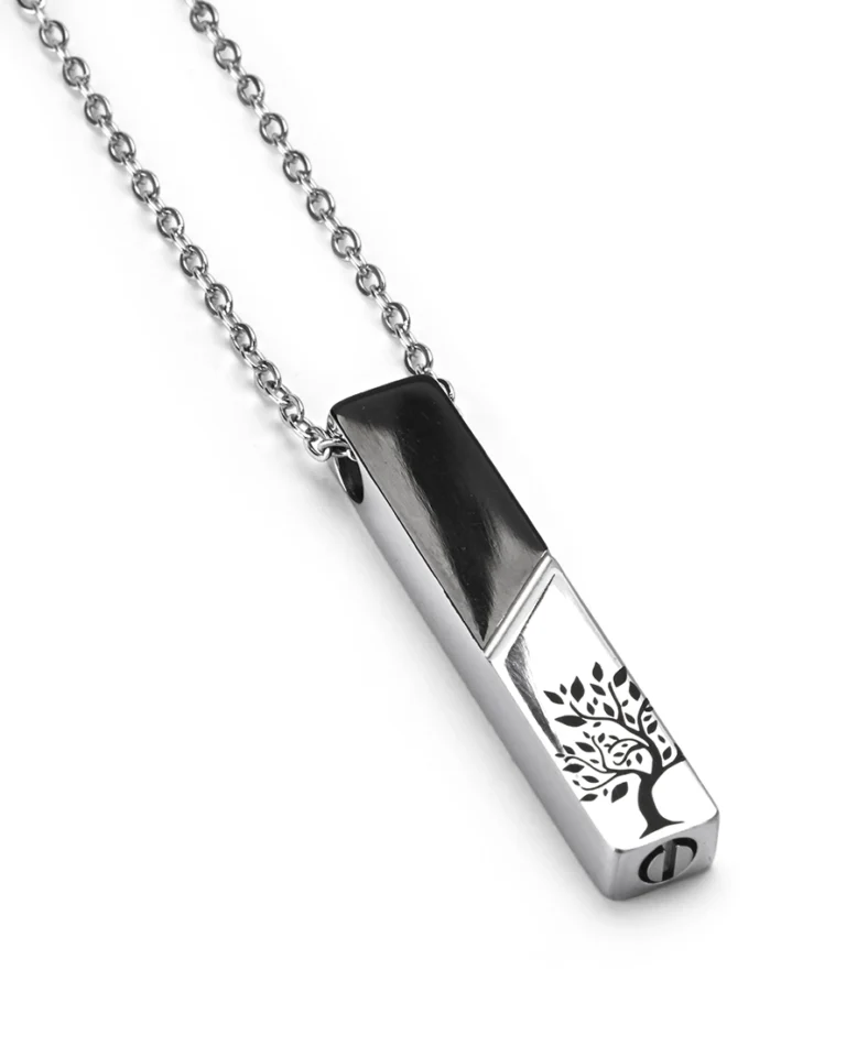 Angled view of Two-Tone Tree of Life Bar Cremation Necklace for Ashes by Royal Memorials