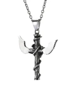 Back view of angel wings cross stainless steel pendant showing smooth reverse surface and solid craftsmanship