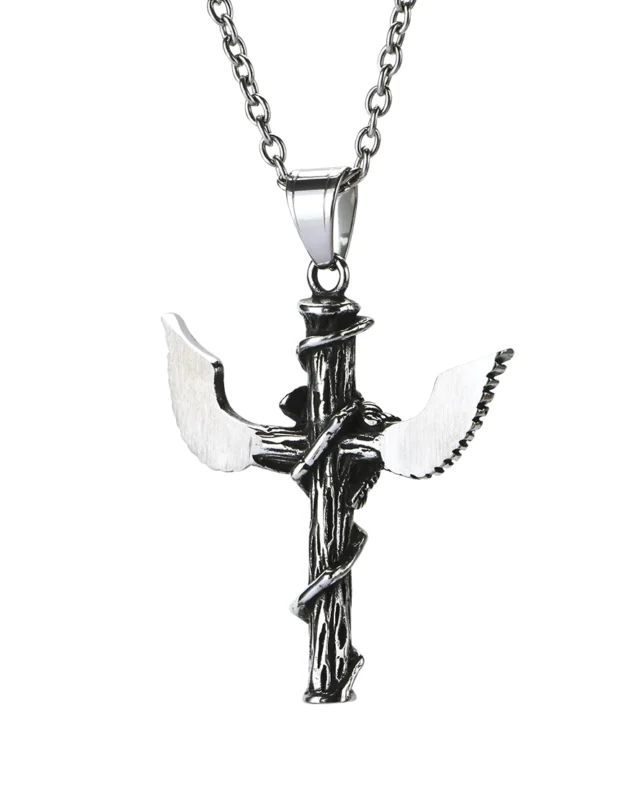 Back view of angel wings cross stainless steel pendant showing smooth reverse surface and solid craftsmanship