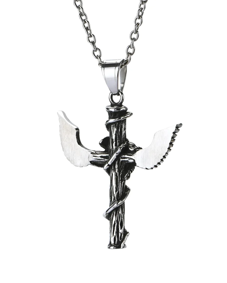 Back view of angel wings cross stainless steel pendant showing smooth reverse surface and solid craftsmanship