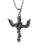Detailed angel wings cross stainless steel pendant featuring sculpted wing textures and rose center design