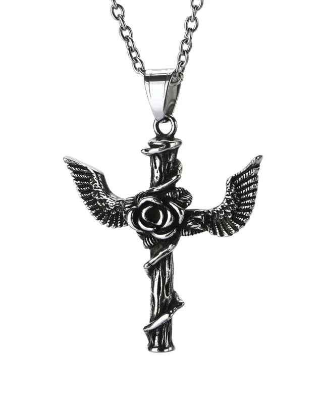 Detailed angel wings cross stainless steel pendant featuring sculpted wing textures and rose center design