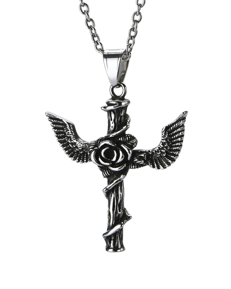 Detailed angel wings cross stainless steel pendant featuring sculpted wing textures and rose center design