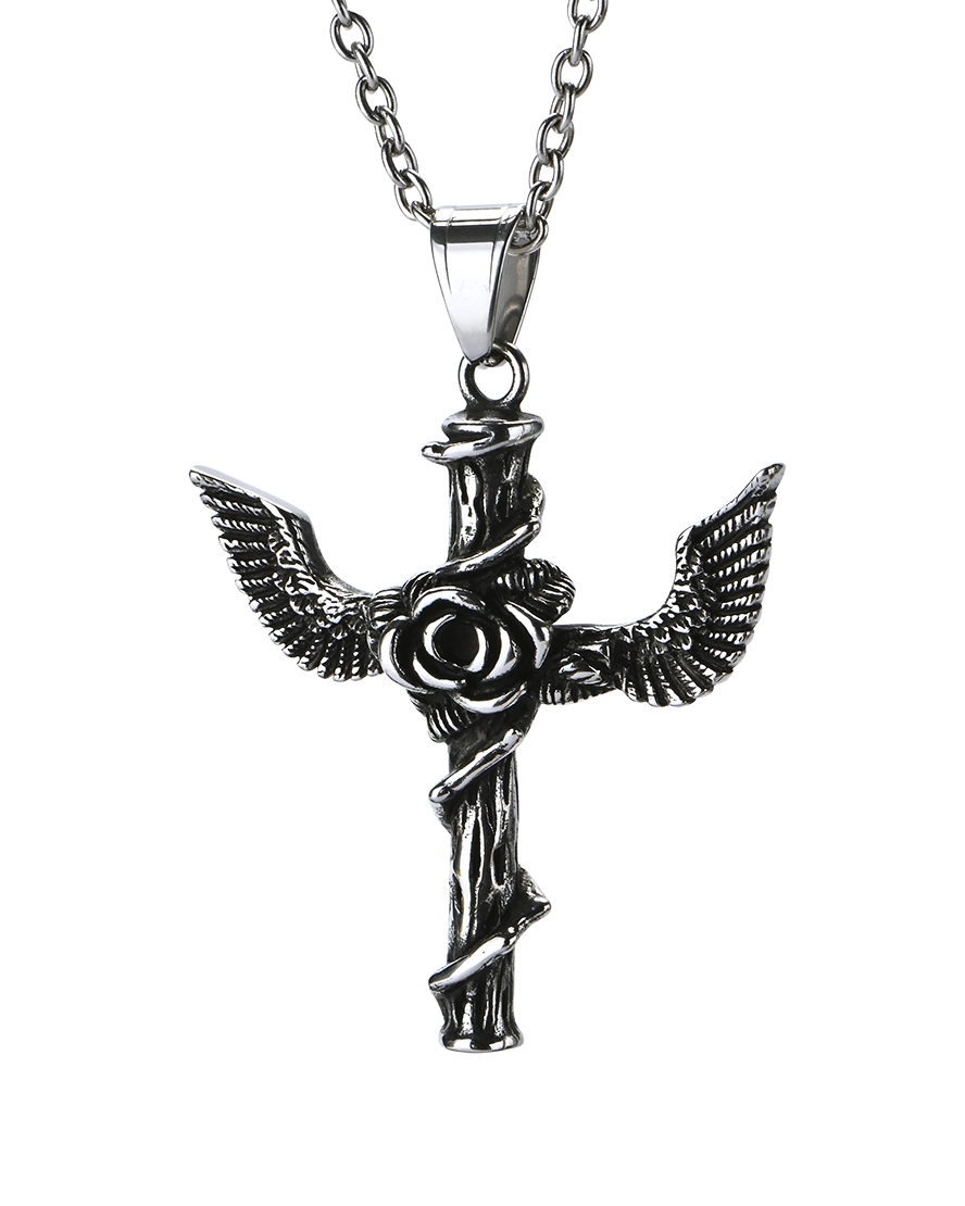 Angel Wings Cross Necklace Front View Detailed angel wings cross stainless steel pendant featuring sculpted wing textures and rose center design