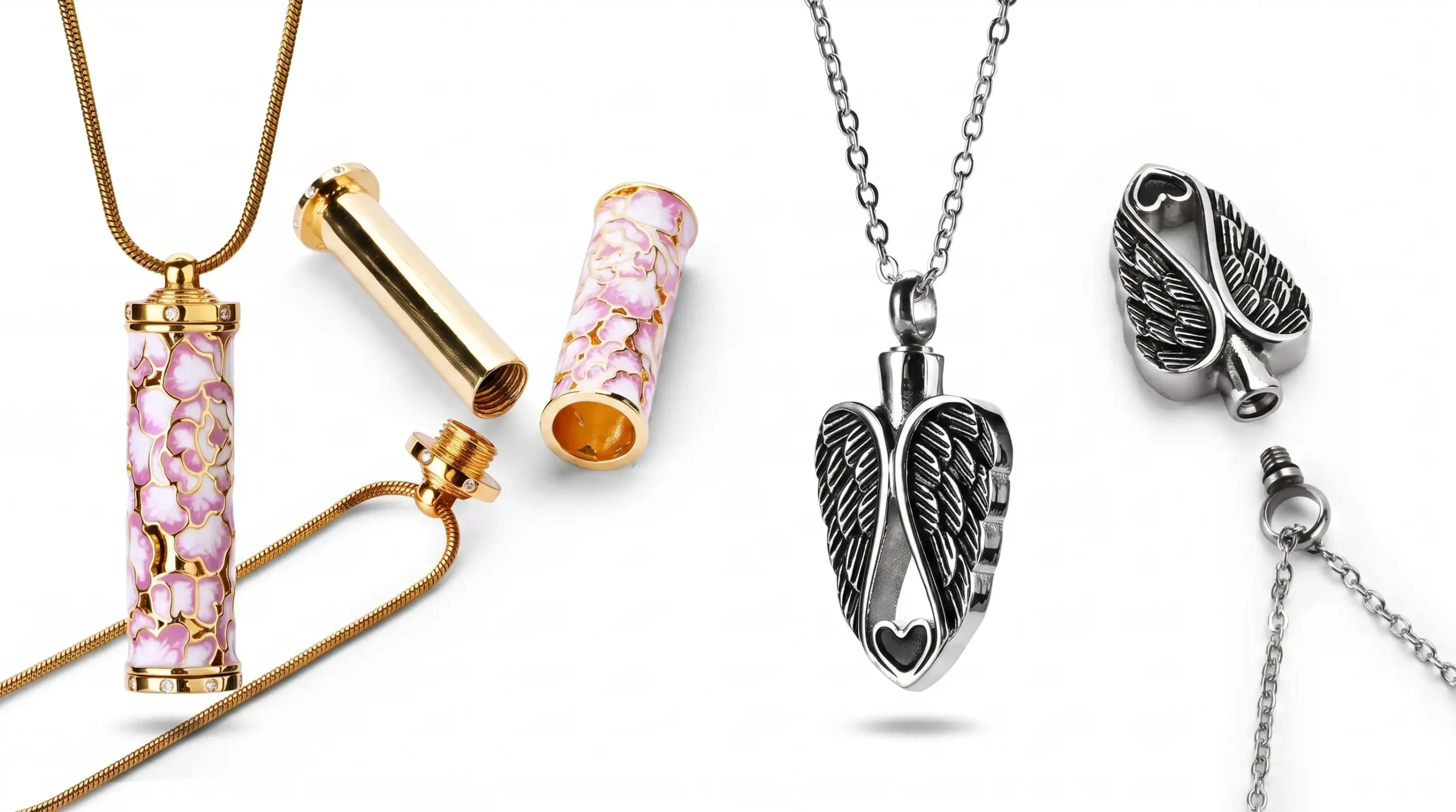 Comparison between pink peony Cloisonne cremation necklace and stainless steel angel wings memorial jewelry
