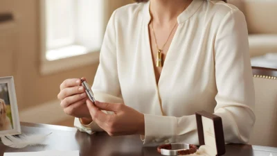 A woman holding a silver cremation necklace pendant while choosing memorial jewelry