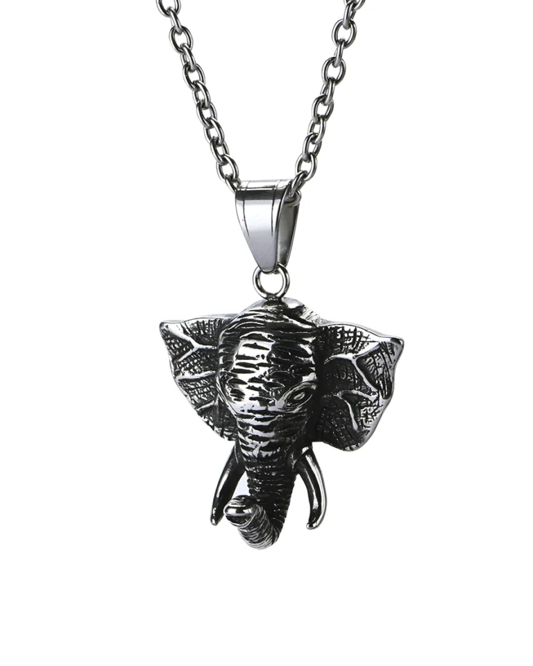 Detailed elephant stainless steel pendant with sculpted ear textures and raised trunk