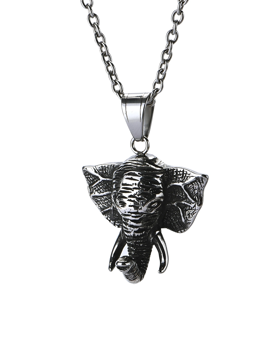 Elephant Keepsake Necklace Front View Detailed elephant stainless steel pendant with sculpted ear textures and raised trunk
