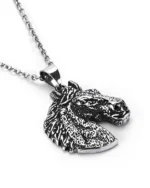 Angled view of horse head stainless steel pendant highlighting three-dimensional mane ridges and sculpted features
