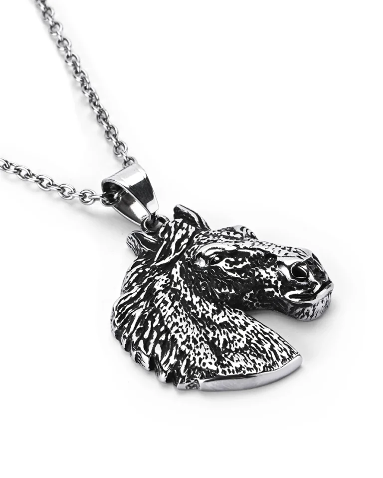 Angled view of horse head stainless steel pendant highlighting three-dimensional mane ridges and sculpted features