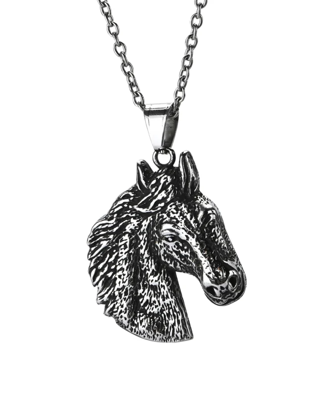 Detailed horse head stainless steel pendant showing textured mane and expressive profile