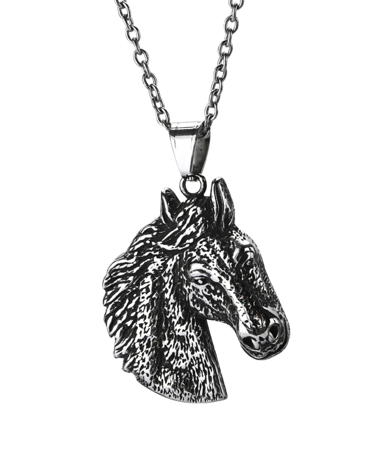 Detailed horse head stainless steel pendant showing textured mane and expressive profile