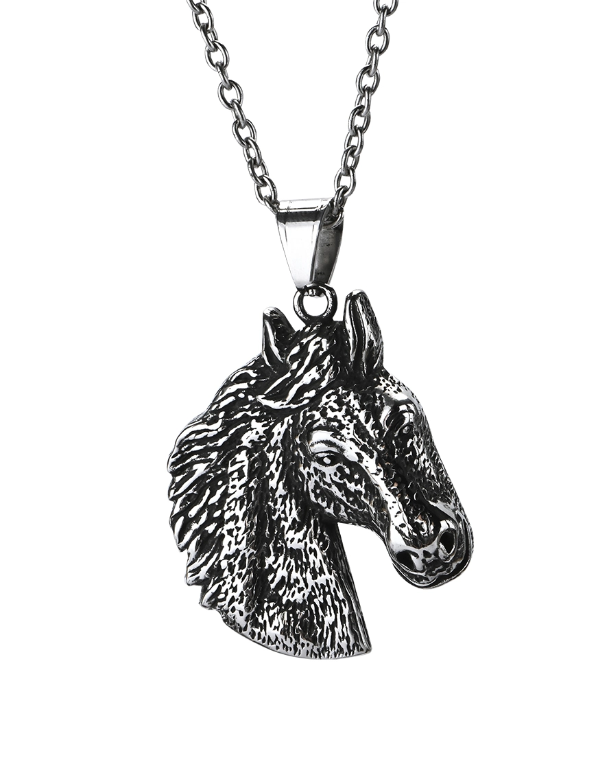 Horse Head Keepsake Necklace Front View Detailed horse head stainless steel pendant showing textured mane and expressive profile