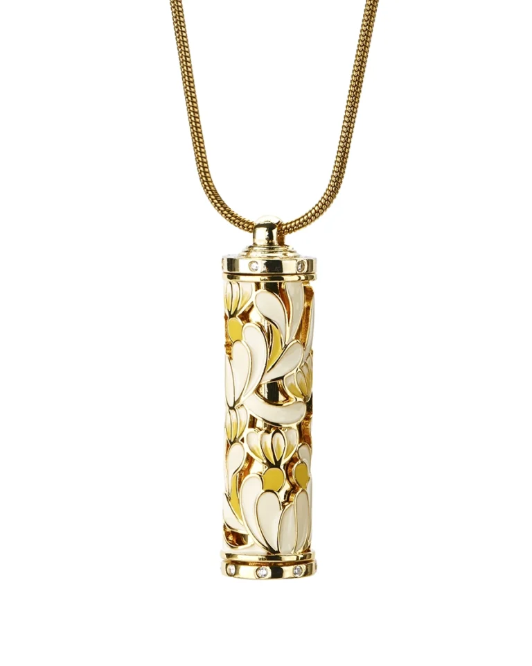 Ivory lily cloisonne cylinder cremation necklace with openwork detailing and gold-tone snake chain
