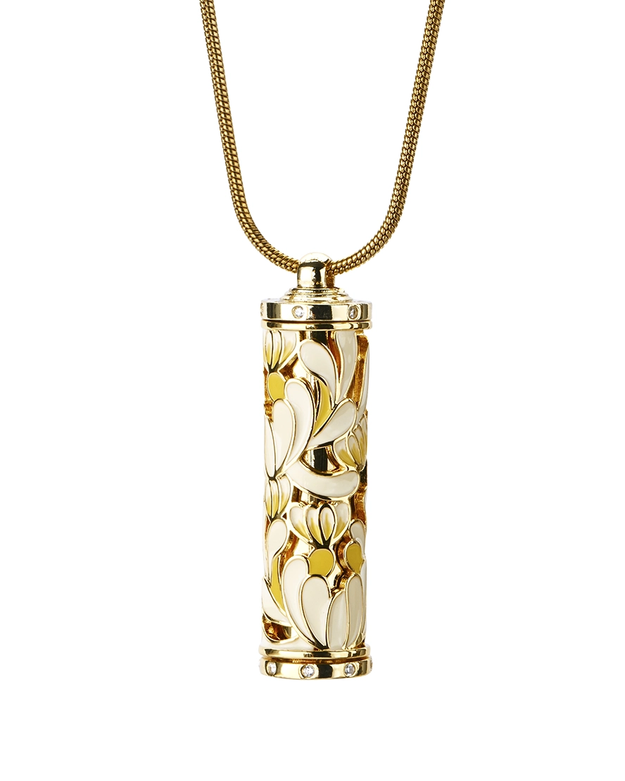 Ivory Lily Cloisonne Cremation Necklace Ivory lily cloisonne cylinder cremation necklace with openwork detailing and gold-tone snake chain