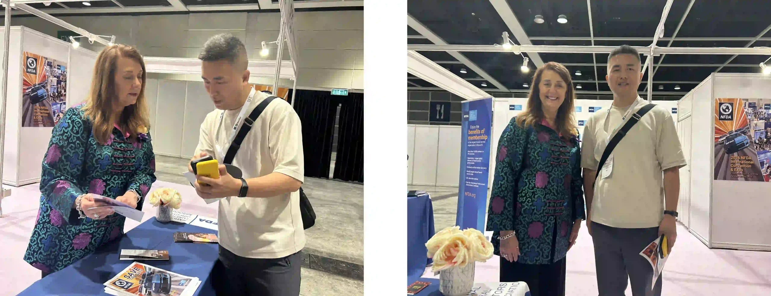 James Wei speaking with Christine Pepper, CEO of the National Funeral Directors Association, at the Asia Funeral and Cemetery Expo in Hong Kong