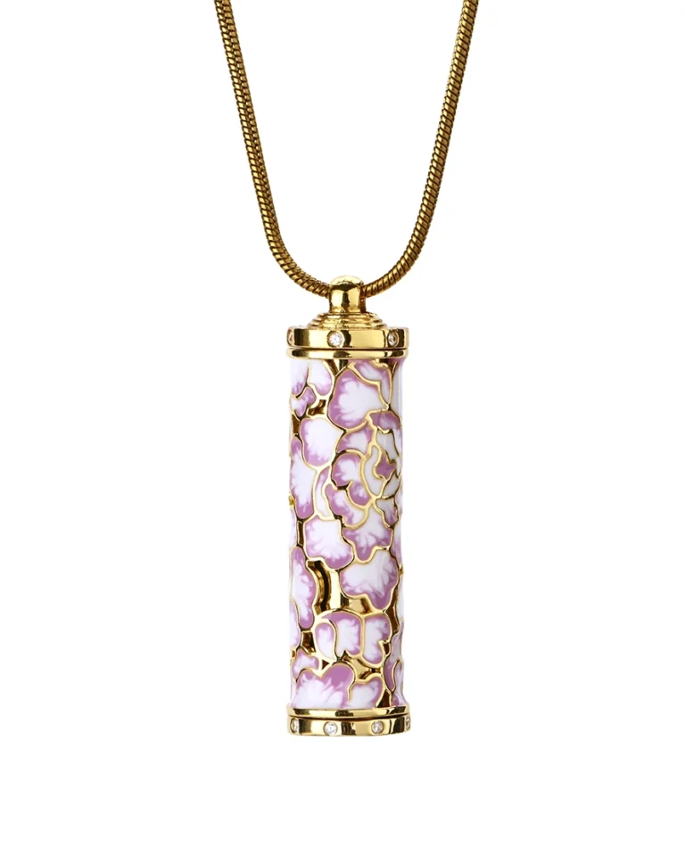Pink peony cloisonne cylinder cremation necklace with openwork detailing and gold-tone snake chain