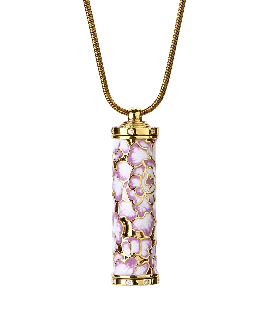 Pink Peony Cloisonne Cremation Necklace Pink peony cloisonne cylinder cremation necklace with openwork detailing and gold-tone snake chain