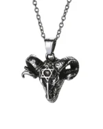 Detailed ram head stainless steel pendant showing curved spiraled horns and hexagram emblem