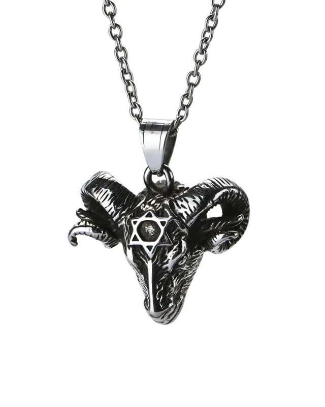 Detailed ram head stainless steel pendant showing curved spiraled horns and hexagram emblem