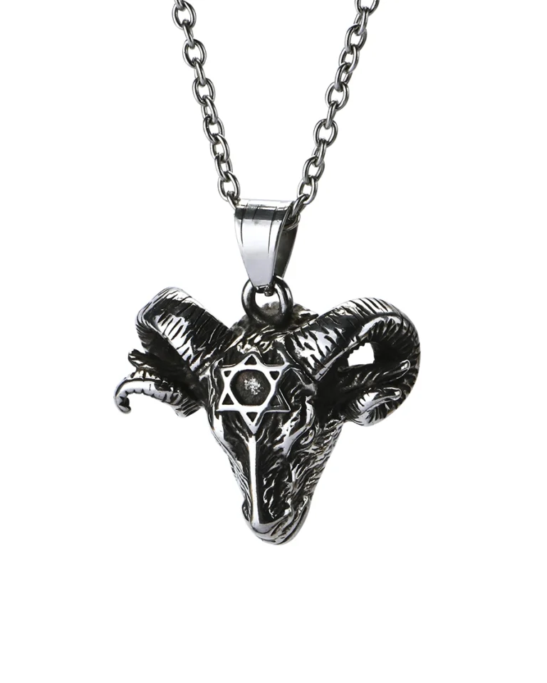 Detailed ram head stainless steel pendant showing curved spiraled horns and hexagram emblem