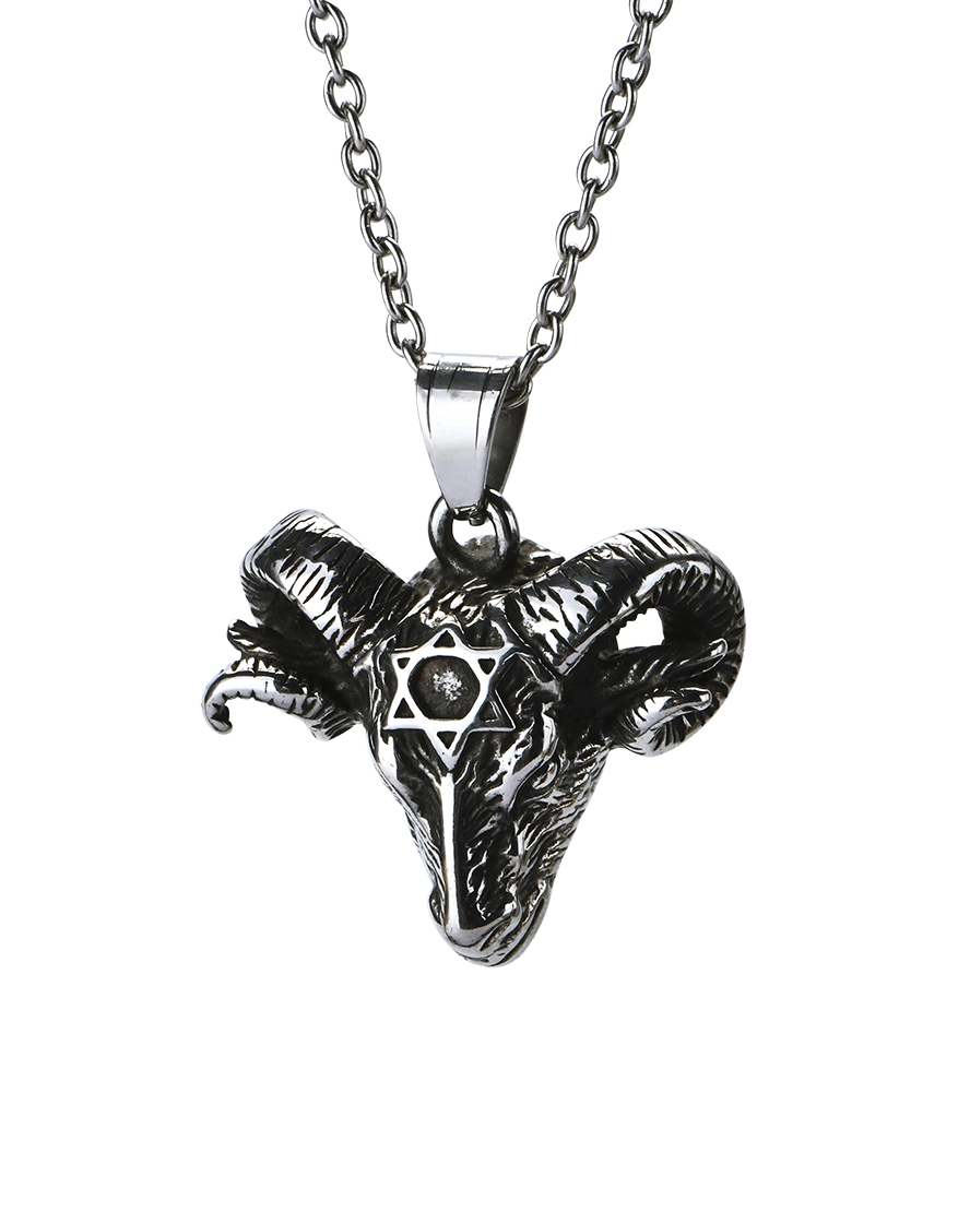 Ram Head Keepsake Necklace Front View Detailed ram head stainless steel pendant showing curved spiraled horns and hexagram emblem