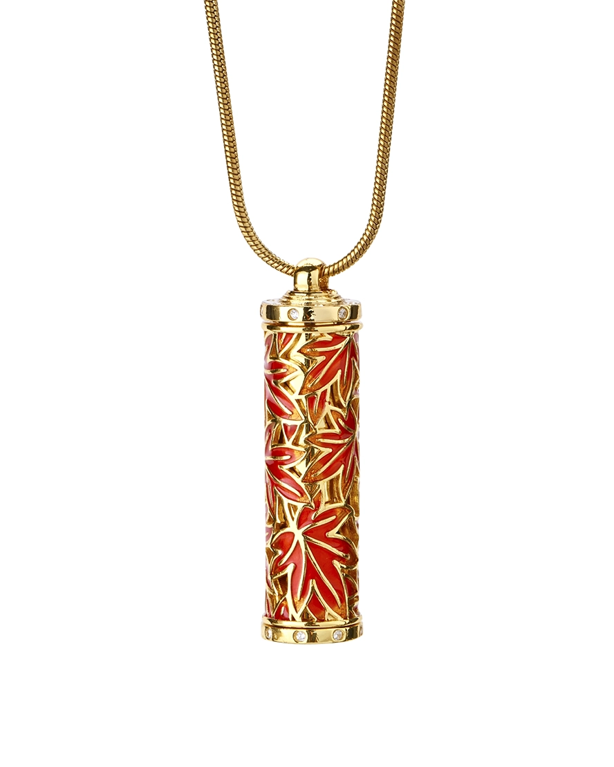 Red Maple Leaf Cloisonne Cremation Necklace Red maple leaf cloisonne cylinder cremation necklace with openwork detailing and gold-tone snake chain