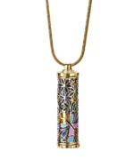 Royal blue butterfly cloisonne cylinder cremation necklace with openwork detailing and gold-tone snake chain