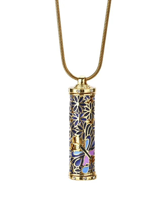 Royal blue butterfly cloisonne cylinder cremation necklace with openwork detailing and gold-tone snake chain