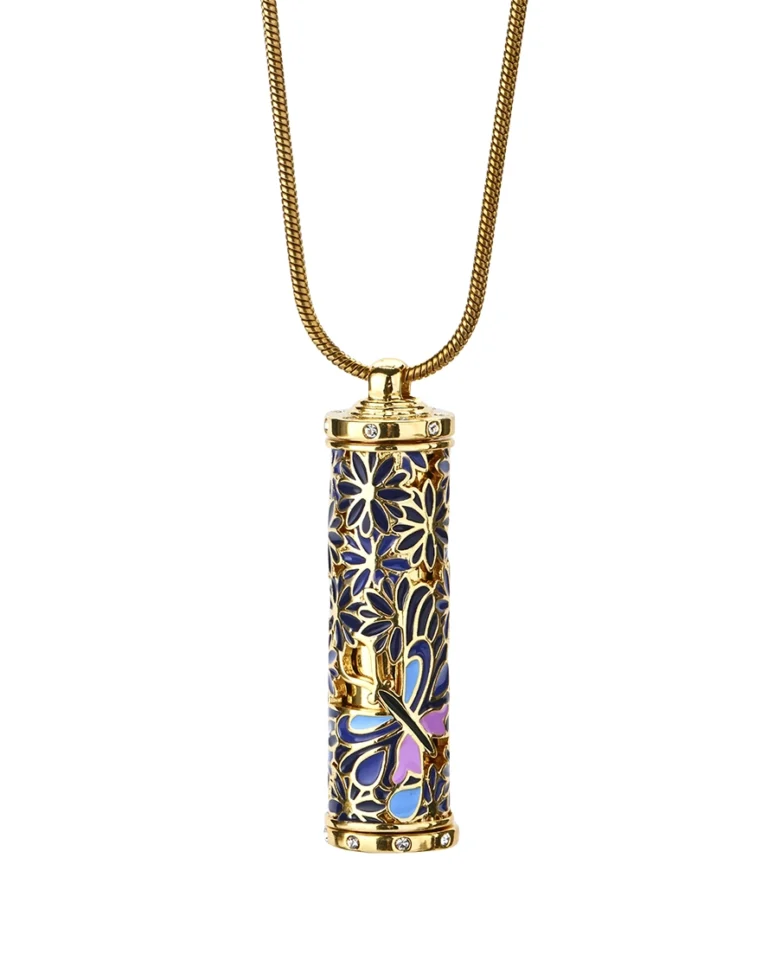Royal blue butterfly cloisonne cylinder cremation necklace with openwork detailing and gold-tone snake chain