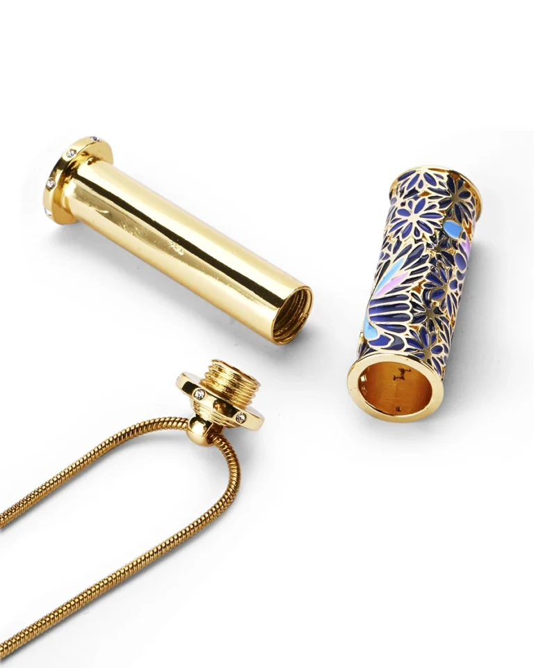 Royal blue butterfly cloisonne cremation necklace showing screw-in top bail and inner memorial chamber